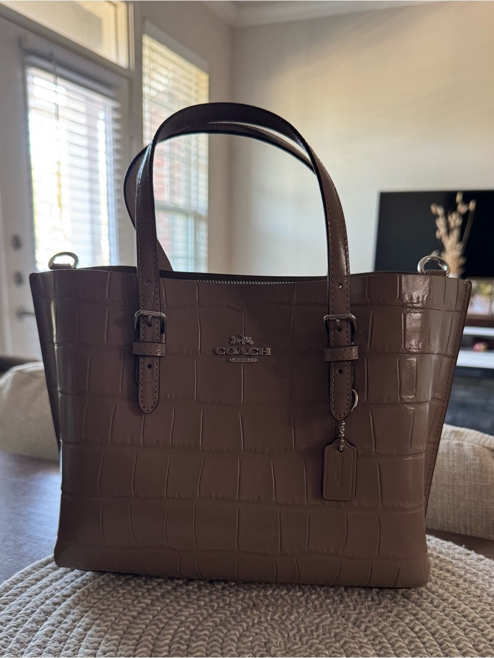 Coach Croc-Embossed Leather Tote in Taupe Brown